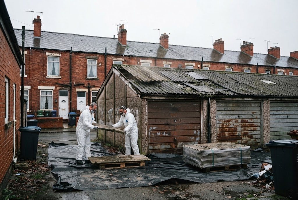 Two operatives in coveralls and respirators lifting old roof sheets onto a wrapped pallet over polythene sheeting