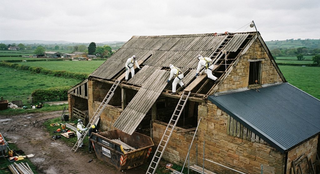 Operatives on roof ladders removing an asbestos cement roof from a stone farm barn