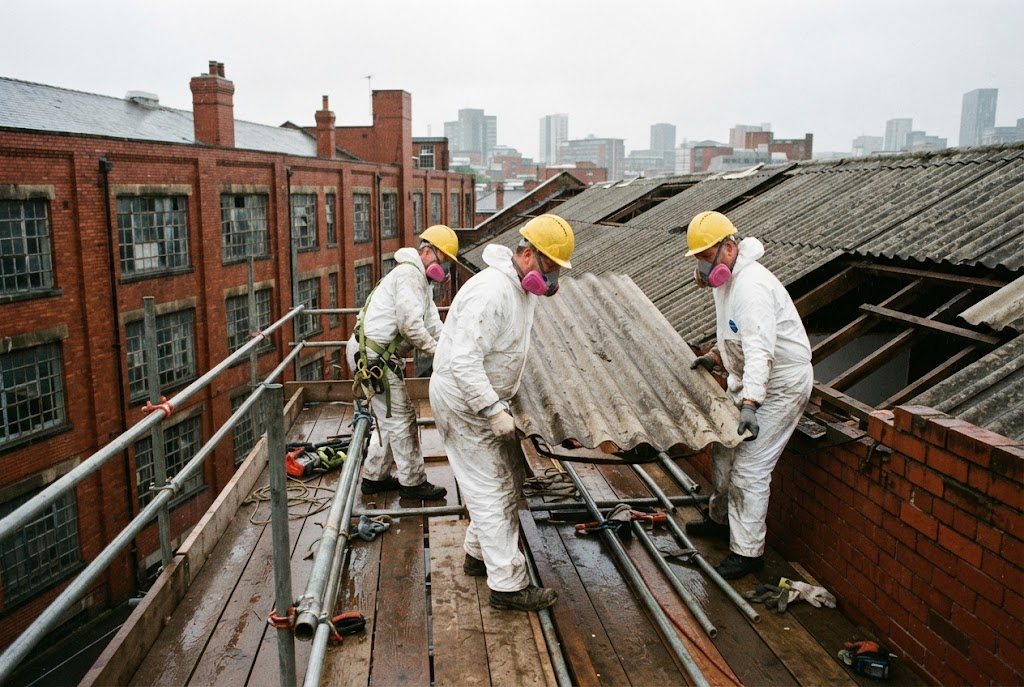 Three operatives in white coveralls and respirators lifting a corrugated asbestos cement sheet off a red-brick Manchester mill roof