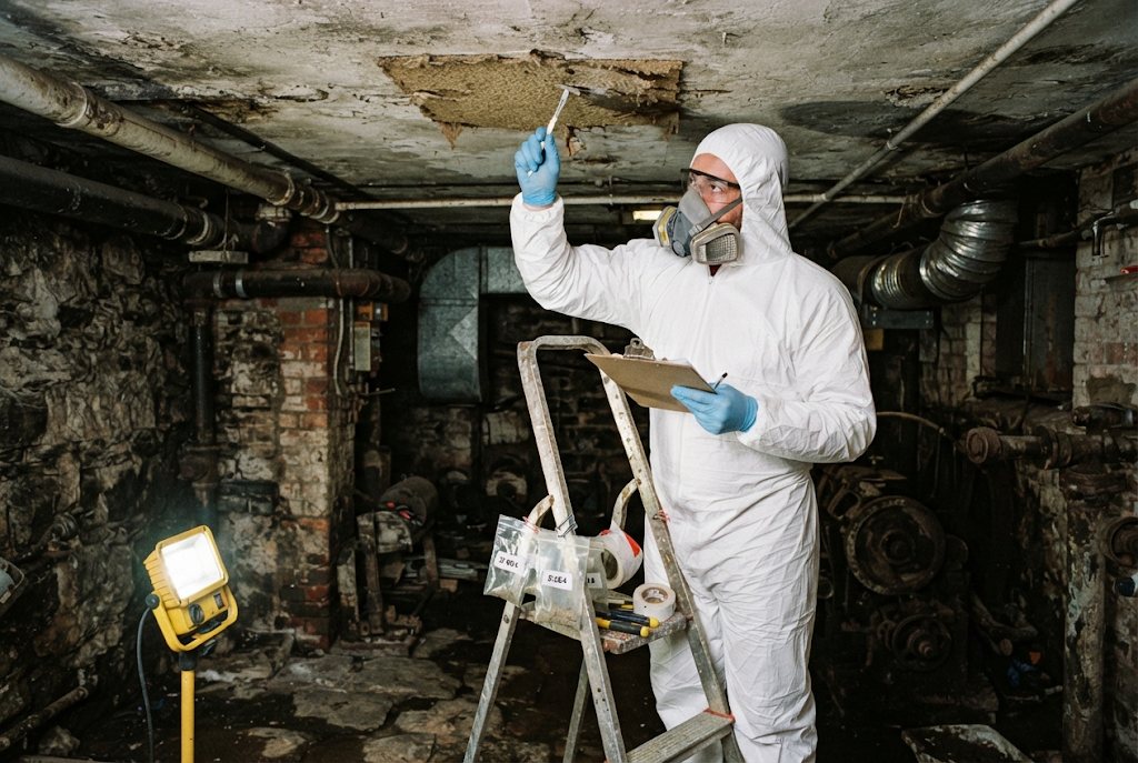 Surveyor in a white coverall with respirator and safety glasses taking a bulk sample from a damaged ceiling